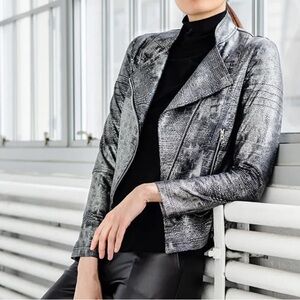 Clara Sunwoo Metallic Liquid Leather Biker Jacket - Gun Metal Silver NWT